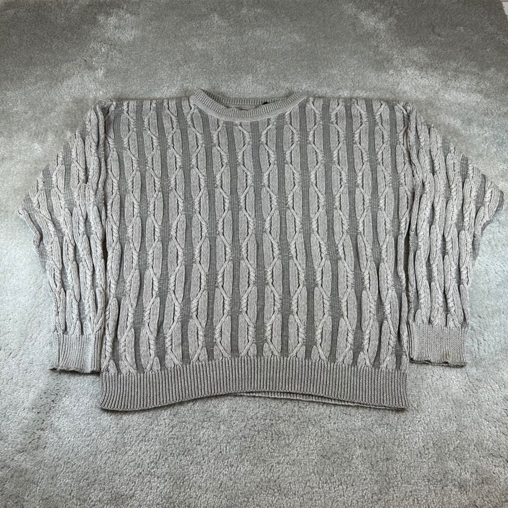 Vintage Cable Knit Sweater Mens Medium Taupe Grey Cotton Made in USA Crewneck